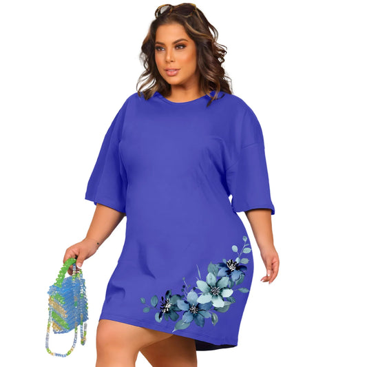 Vestido Curto Camisetão Azul Royal - Flores