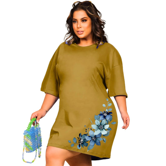 Vestido Curto Camisetão Bege - Flores