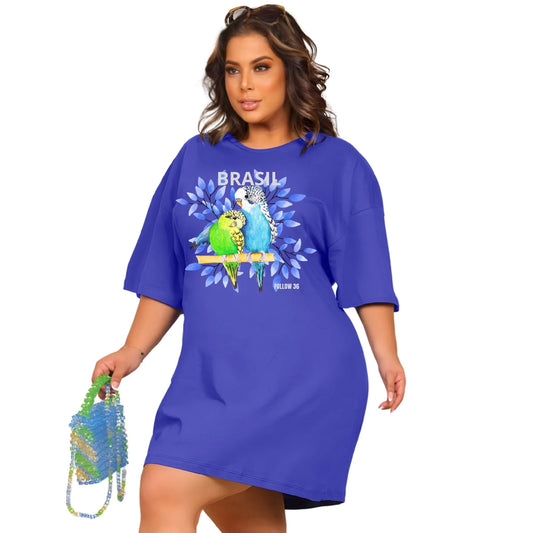 Vestido Curto Camisetão Azul Royal - Pássaros