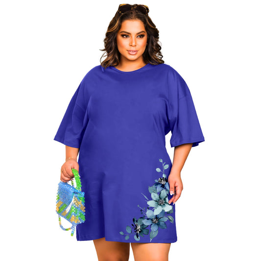 Vestido Curto Camisetão Azul Royal - Flores