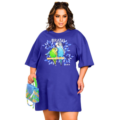 Vestido Curto Camisetão Azul Royal - Pássaros