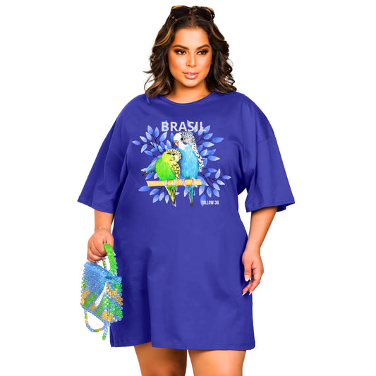 Vestido Curto Camisetão Azul Royal - Pássaros