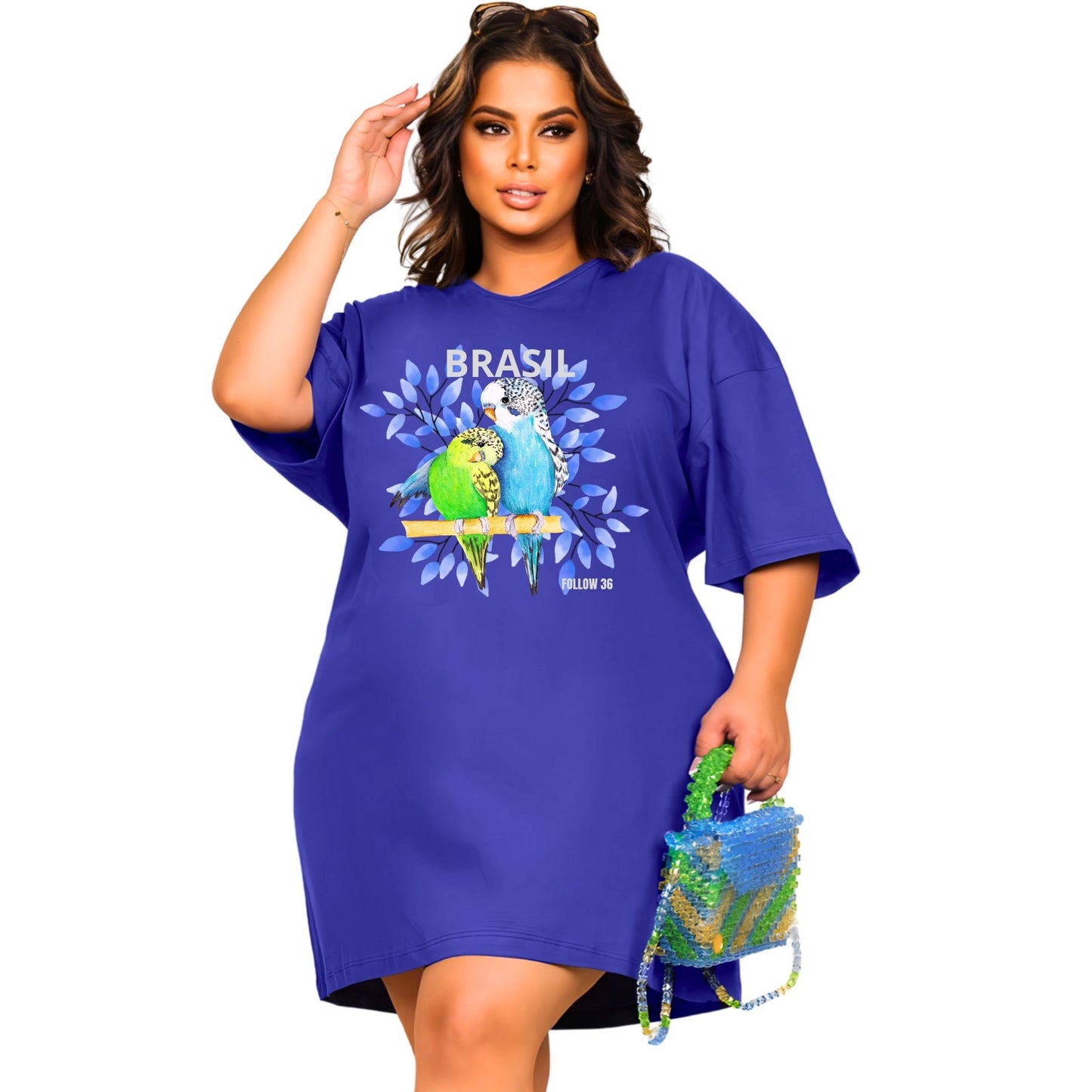 Vestido Curto Camisetão Azul Royal - Pássaros