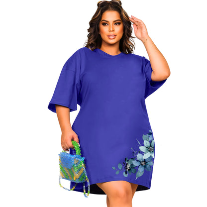 Vestido Curto Camisetão Azul Royal - Flores