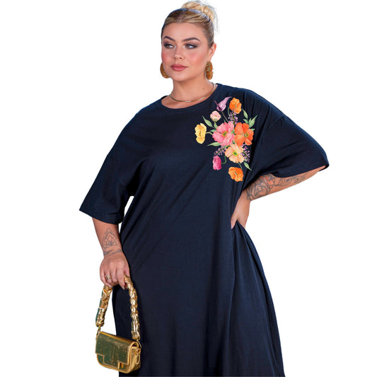 Vestido Longo Preto - Flor Colorida