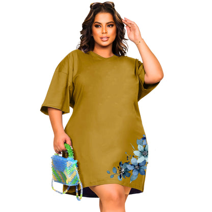 Vestido Curto Camisetão Bege - Flores