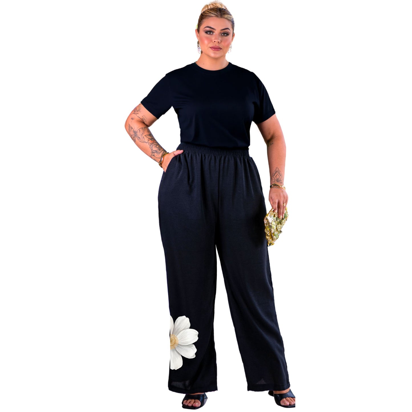 Pantalona Com Estampa Floral Tecido Viscolycra Malha Premium - Preta