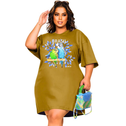 Vestido Curto Camisetão Bege - Pássaros