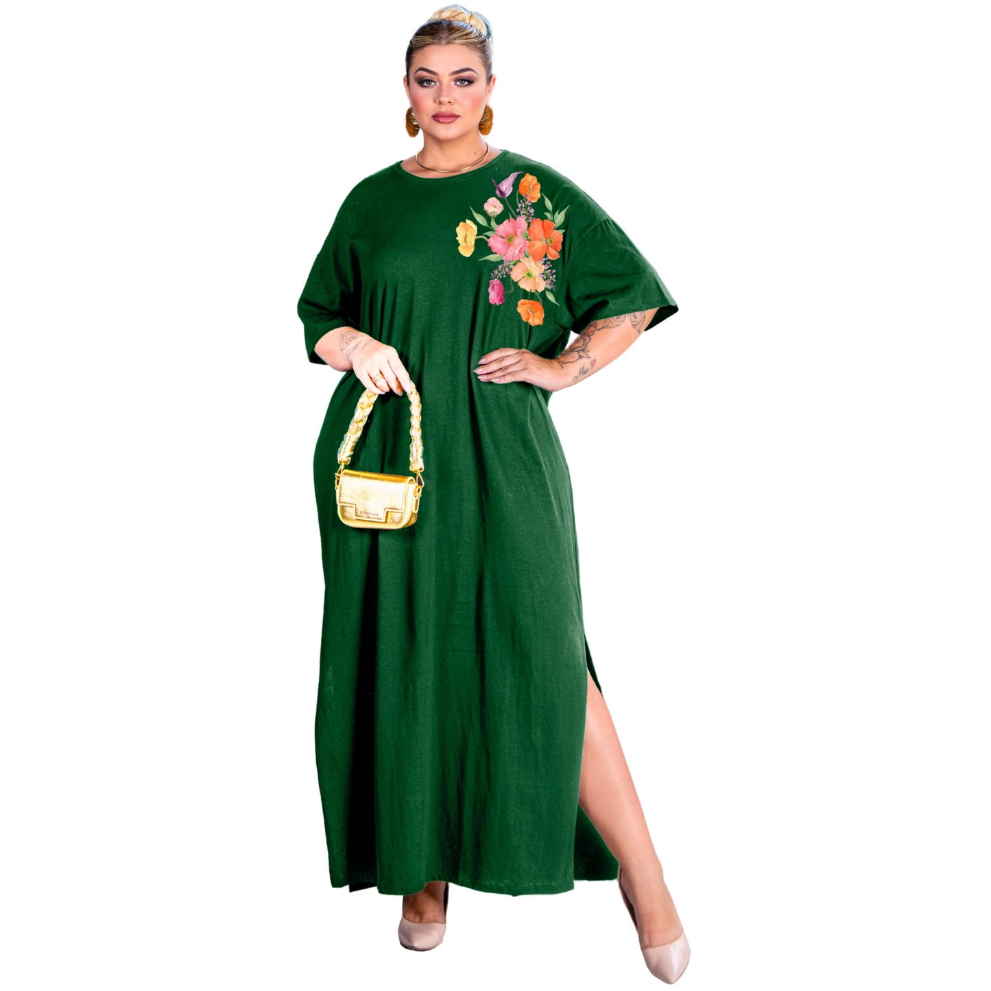Vestido Longo Verde Escuro - Flor Colorida