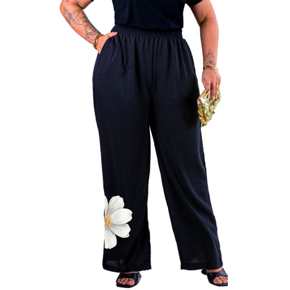 Pantalona Com Estampa Floral Tecido Viscolycra Malha Premium - Preta