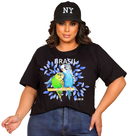 Camiseta Manga Curta Preto - Pássaros