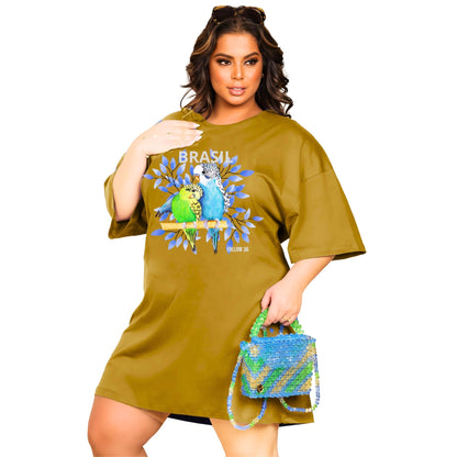 Vestido Curto Camisetão Bege - Pássaros
