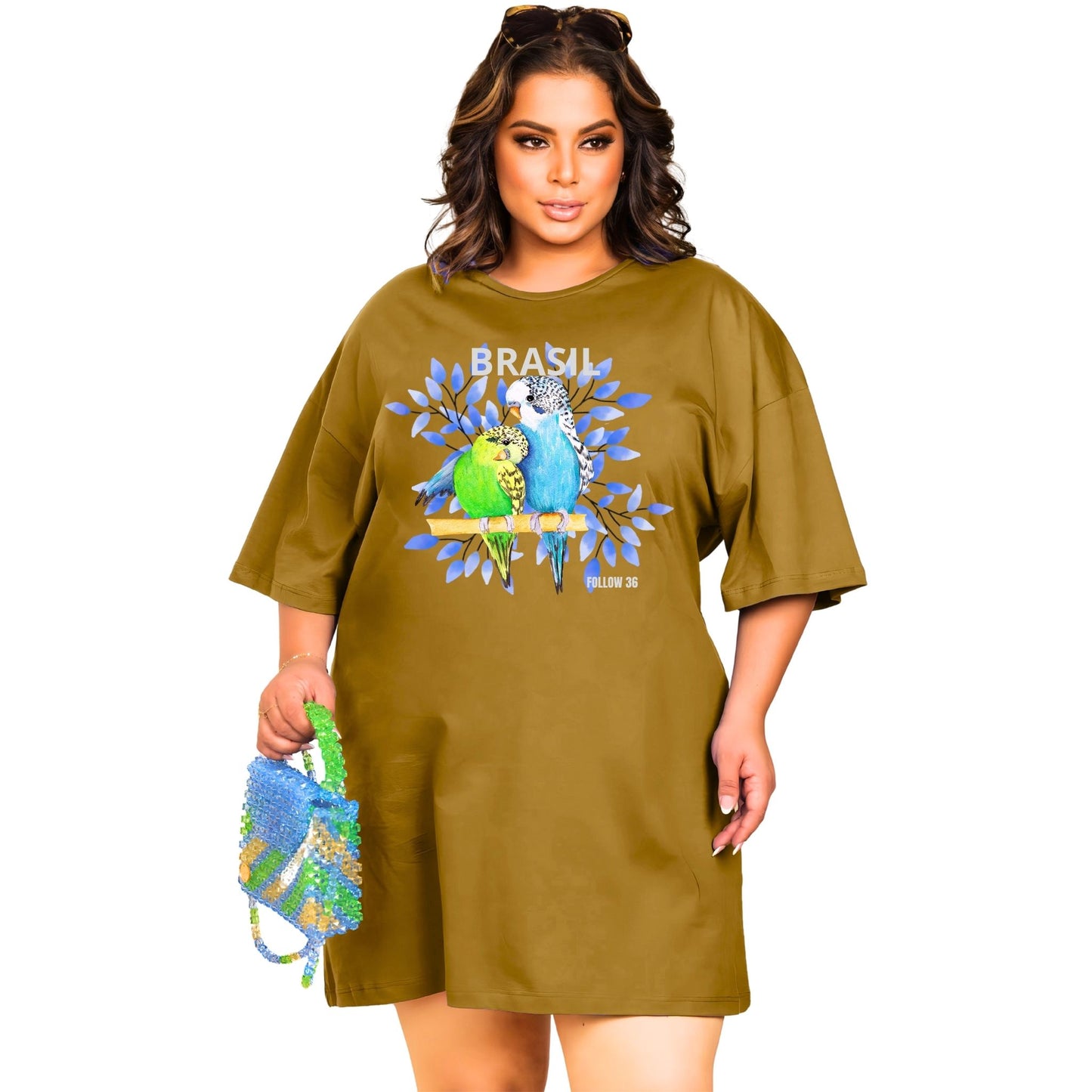 Vestido Curto Camisetão Bege - Pássaros