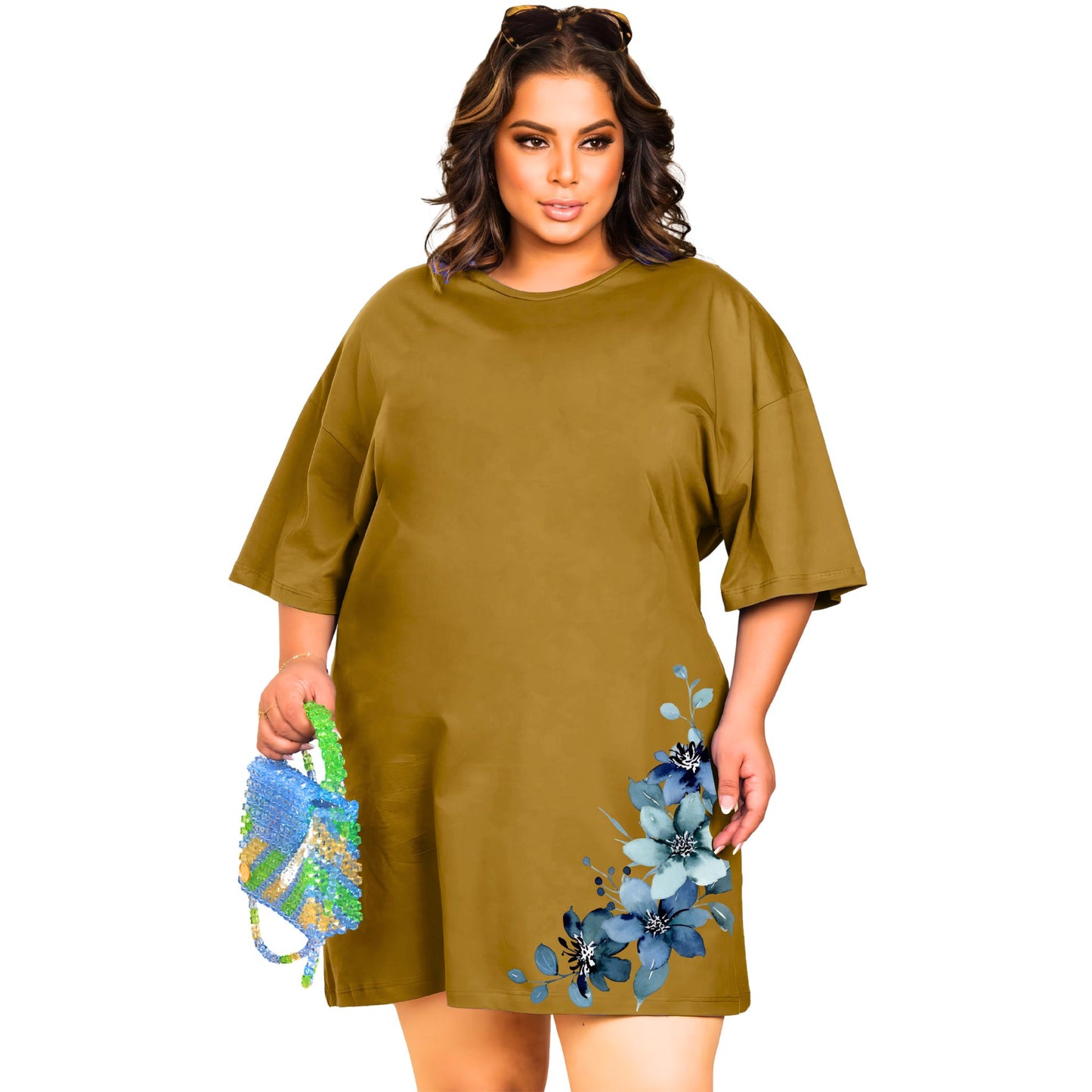 Vestido Curto Camisetão Bege - Flores