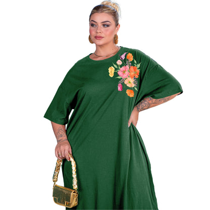 Vestido Longo Verde Escuro - Flor Colorida