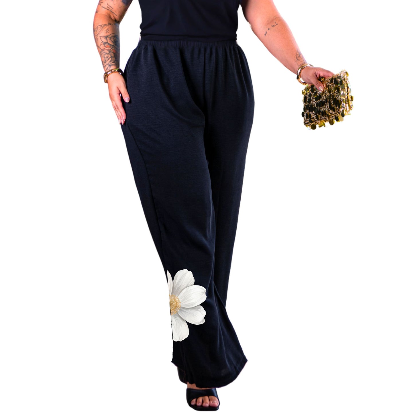 Pantalona Com Estampa Floral Tecido Viscolycra Malha Premium - Preta