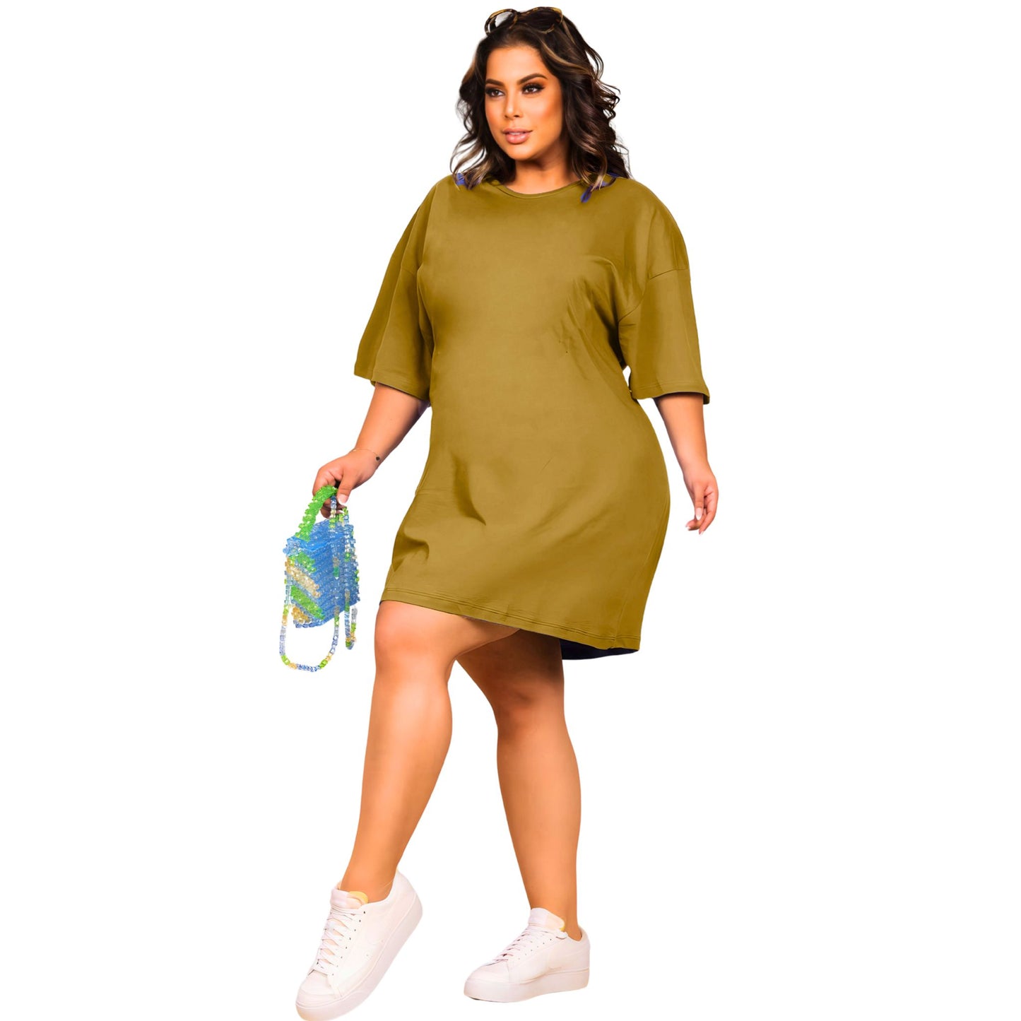 Vestido Curto Camisetão Bege - Liso